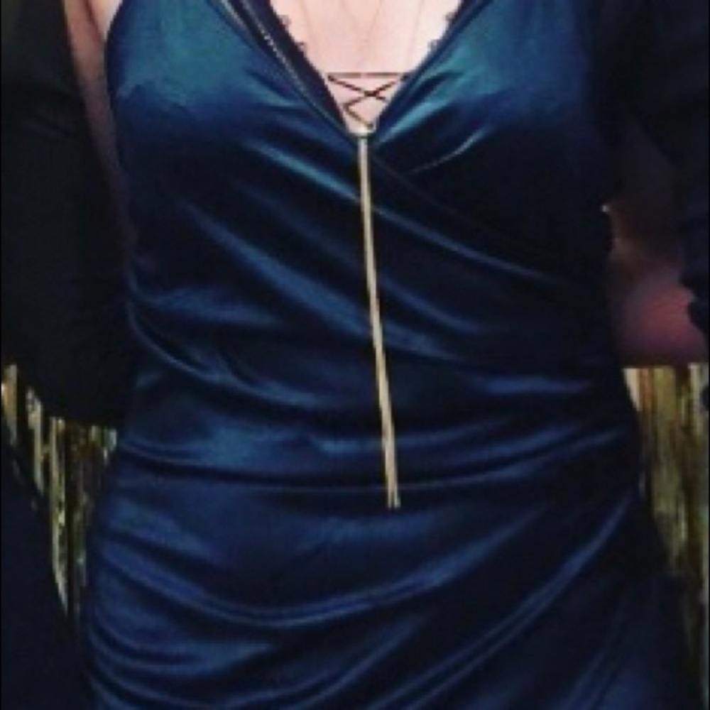 Dark green suede dress with slit in front v cut